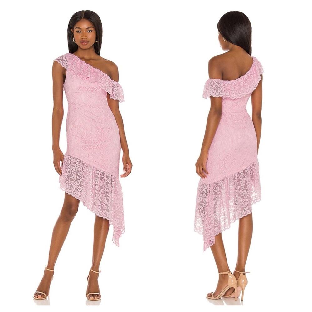 Majorelle White Lace  Midi Dress Small One Shoulder Asymmetric Ruffle Bridal